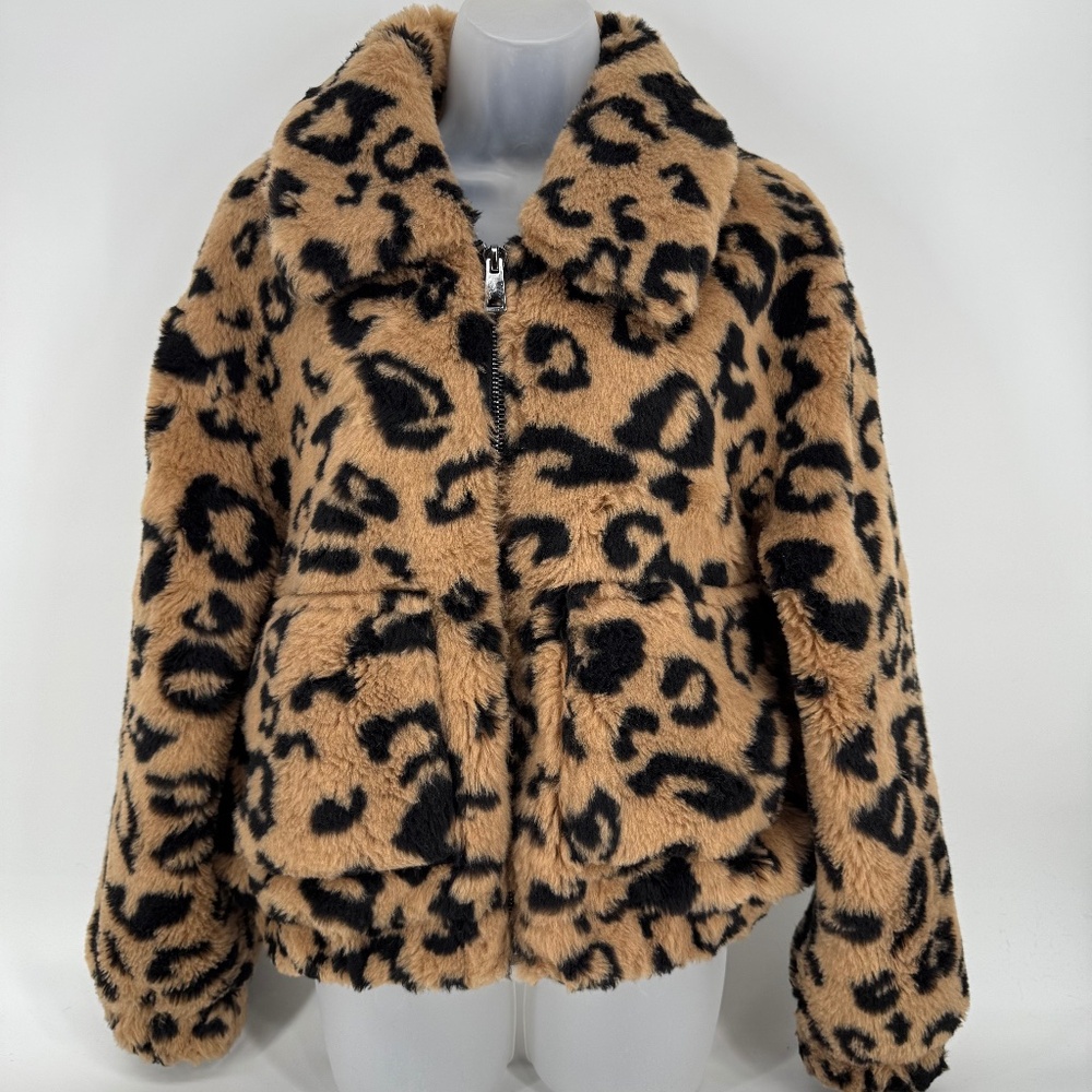 Avec Les Filles Faux Fur Leopard Bomber Jacket Size S Cozy Plush